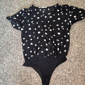 Lush Black & White Printed Girls' Wrap-Front One-Piece Bodysuit